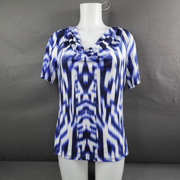 Calvin Klein Womens Top Small Blue Print Cowl Career Corp Office Layer Basic - Picture 1 of 12
